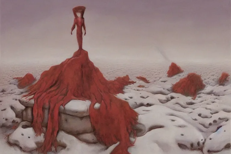 Image similar to a surrealist painting of a lonely woman with pale skin and red hair, standing over pile of bodies in post apocalyptic snowy landscape, painted by zdzisław beksinski