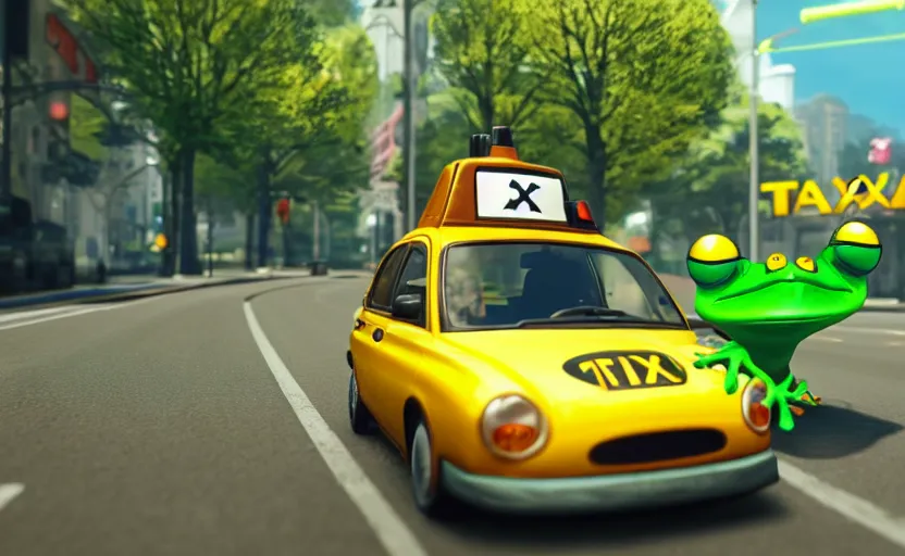 Image similar to ps 4 game about a cute frog driving a taxi, frog driving a taxi unreal 4 screenshot,