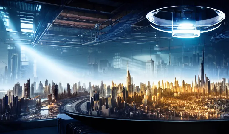 Image similar to large group of people in walled warehouse, looking at hologram of futuristic city on a table, cinematic concept art, godrays, golden hour, natural sunlight, 4 k, clear details, tabletop model buildings, center model buildings, hologram center, crane shot, crane shot, crane shot