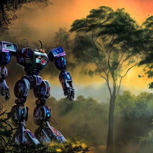 Image similar to battered down rough mecha robot with a soul looking through a balcony into the forest during a beautiful sunset, jungle mountains in the background with immense trees, highly detailed, trending on art station, flying birds in the distance