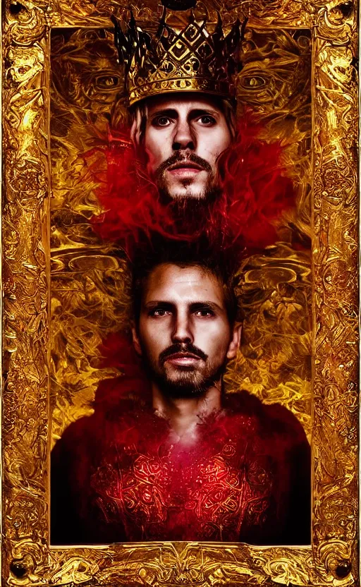 Image similar to 'Portrait of Crowned King Arthur' by Lee Jeffries royally decorated, whirling plasma, atmospheric motes, red and gold Sumptuous garb, gilt silk fabric, radiant colors, fantasy, perfect lighting, studio lit, micro details,