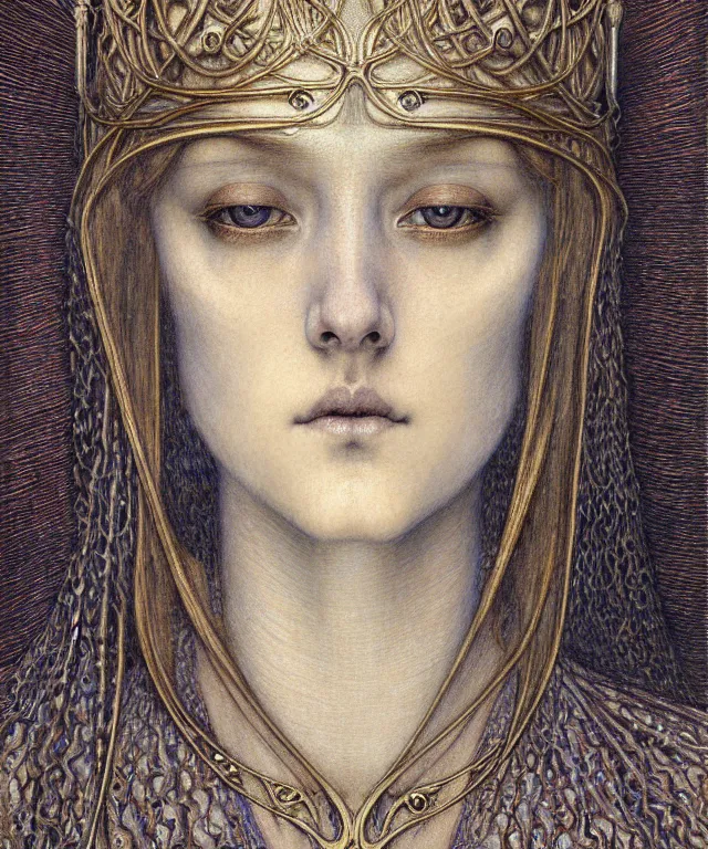 Image similar to detailed realistic beautiful young medieval queen face portrait by jean delville, gustave dore and marco mazzoni, art nouveau, symbolist, visionary, gothic, pre - raphaelite. horizontal symmetry