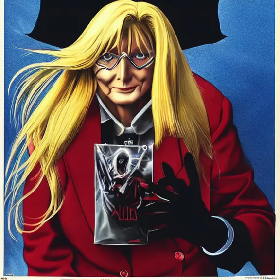 Image similar to angela merkel is alucard in hellsing, airbrush art, drew struzan illustration art, key art, movie poster