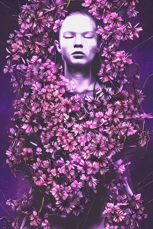 Image similar to night sky full of flowers, cyberpunk art, floating detailes, leaves b, kenneth blom, mental alchemy, pablo amaringo, naudline pierre, contemporary art, hyper detailed, photorealistic,