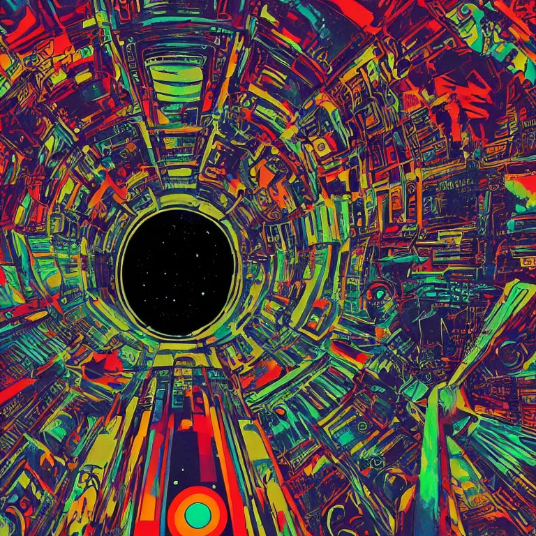 Image similar to A psychedelic poster of 2001: A Space Odyssey by Wes Wilson