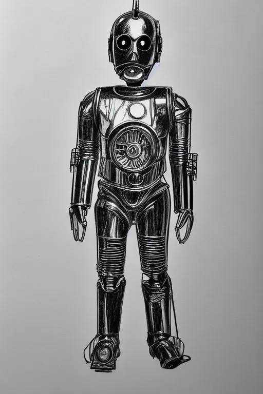 Prompt: simple child's drawing of c 3 po, pencil, black and white, no shading