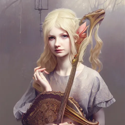 Image similar to elf fairy blond with a beautiful face, holding a lute, wearing a cardigan, highly detailed, intricate, digital painting, artstation, sharp focus, illustration, art by jakub rozalski, greg rutkowski, artgerm, tan zi and ayanamikodon and alphonse mucha and wlop