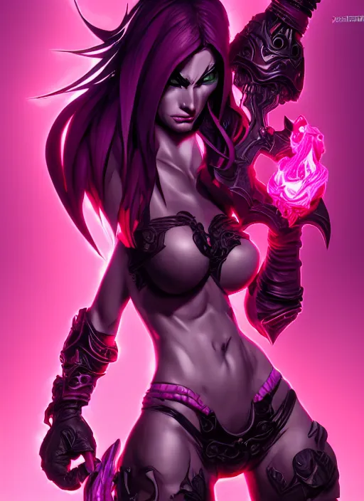 Prompt: lilith from darksiders, wide angle view, neon pink and black color scheme, highly detailed, artgerm, cushart krenz, king of fighters style, trending on artstation, soft light, sharp focus, illustration, character design, concept art