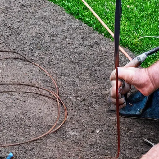 Image similar to A man cutting a partially underground copper cable on his lawn with giant scissors