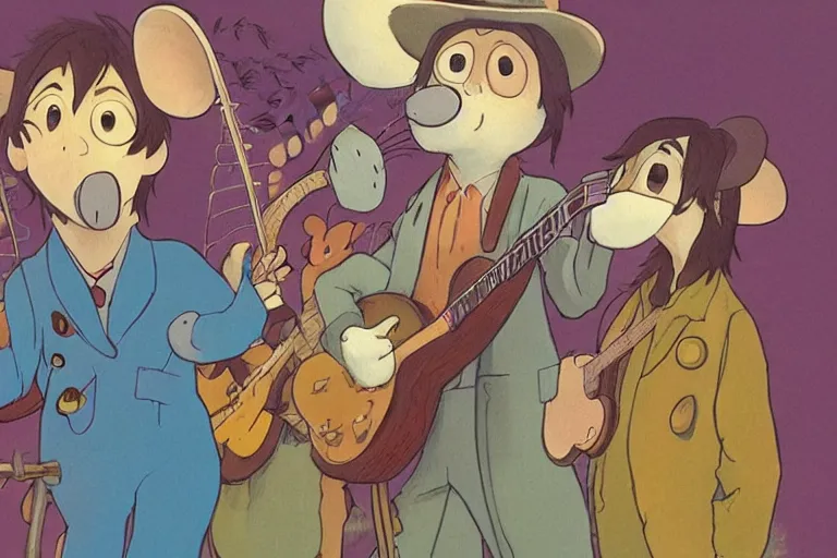 Image similar to rats playing in a rock band dressed as the beatles, beautiful, dreamlike, wholesome, ghibli and disney animation, sharp, intricated, art by ken anderson and mel shaw, bloom, dramatic lighting, brown palette,