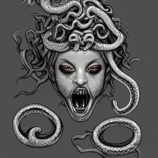 Image similar to torquoise fantasy fanged medusa, medusa head, snake heads, medusa head, snake heads, medusa head, snake tongue, snake tongue, snake tongue, snake tongue, snake tongue, snake tongue,, snake eyes, hair made of snake eyes, fantasy game art, fantasy rpg, league of legends