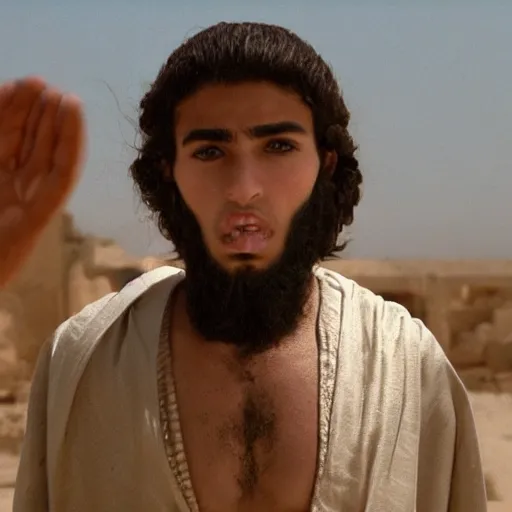 Prompt: 17 year old middle eastern skinned man in Biblical clothing standing. 10 foot tall man stands behind him. Cinematic, epic.