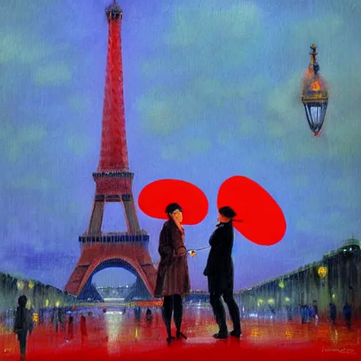 Prompt: two people standing in front of eiffel tower at trocadero holding red baloons, rainy day, strong colors, painting by eugene de lacroix,