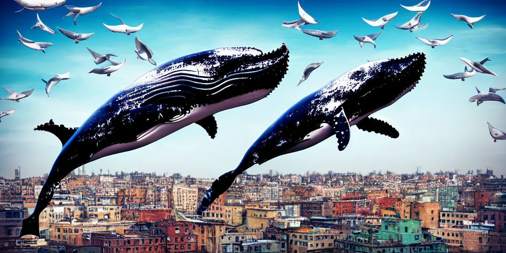 Prompt: photography collage of whale flying over a building, wearing fashion clothing, id magazine, hyperrealism, detailed textures, photorealistic, 3 d city, ultra realistic,