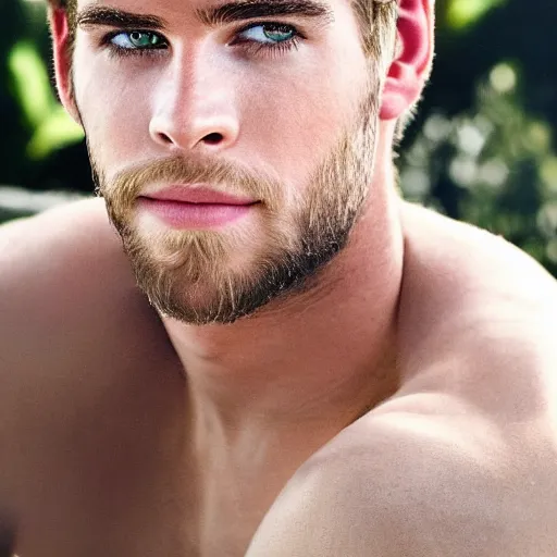 Image similar to a realistic detailed photo of a guy who is an attractive humanoid who is half robot and half humanoid, who is a male android, actor liam hemsworth, shiny skin, posing like a statue, blank stare, by the pool, on display