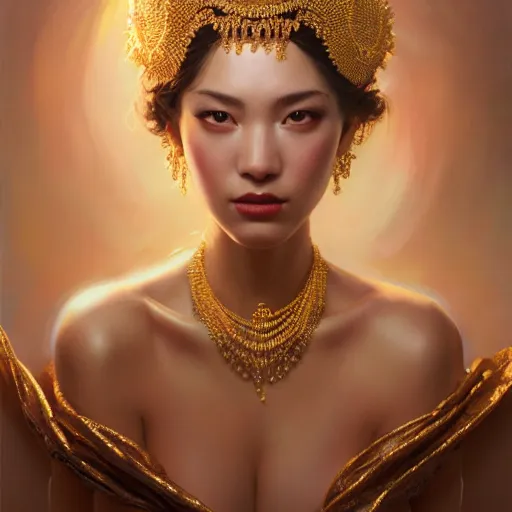 Prompt: expressive oil painting, of alluring european princess, seductive look, smooth glowing skin, glistening body, love, adoration, ornate headpiece made from beads, glamour shot, by yoshitaka amano, by greg rutkowski, by jeremyg lipkinng, by artgerm, digital art, octane render, white sarong