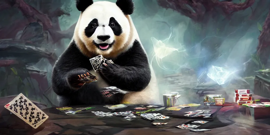 Image similar to A panda playing Magic the Gathering, artstation, 8k, photorealism