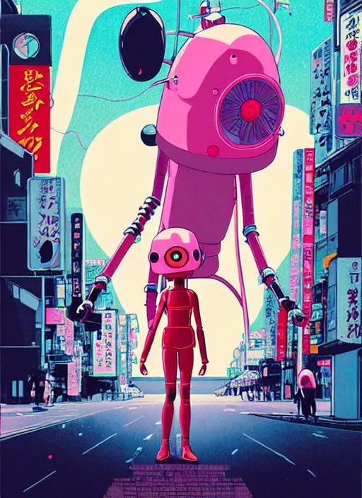 Image similar to a movie poster for a film based on the song Yoshimi battles the pink robots, part 1. by the band the flaming lips; artwork by Hiyao Miyazaki and studio Ghibli; a Japanese girl is fighting a gigantic evil Pink Robot in an alley in Tokyo; incredibly detailed artwork by James jean, Phil noto, Jon Foster, studio Ghibli