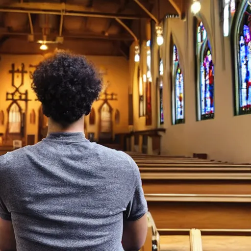 Image similar to a man wearing a wig sitting in a church, photo taken from the back of his head on a phone.