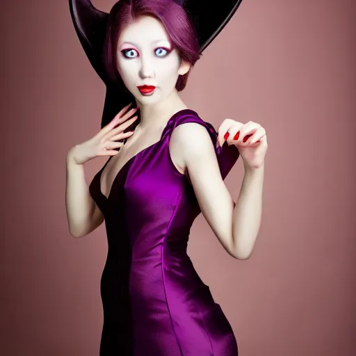 Image similar to Beautiful, professional model, vampire, Shalltear Bloodfallen, Studio Photography, Editorial photography, Studio Lighting, purple dress