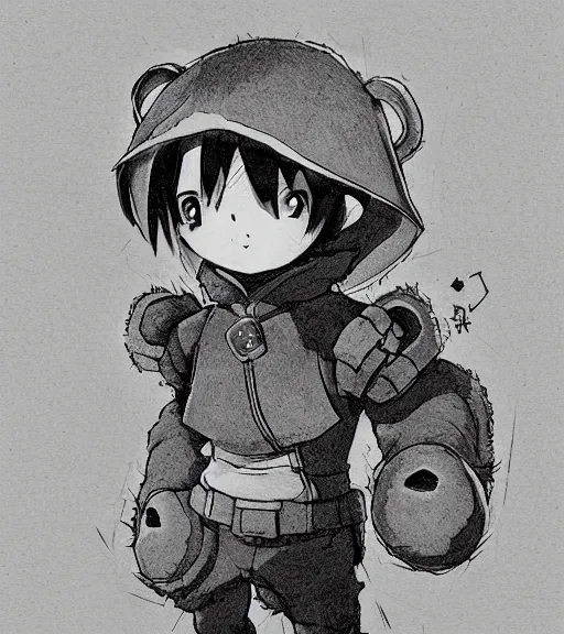 Image similar to attractive little boy wearing an cyborg bear suit, artwork in kentaro miura and made in abyss and inazuma eleven, smooth, beautiful lightness, anatomically correct, trending on pixiv, perfect composition