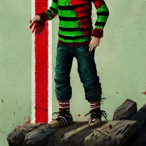 Image similar to Freddie Kruger wearing a green and red striped sweater, horror, grunge, loony toons style, illustrated by Greg Rutkowski ., Trending on artstation, artstationHD, artstationHQ, 4k, 8k