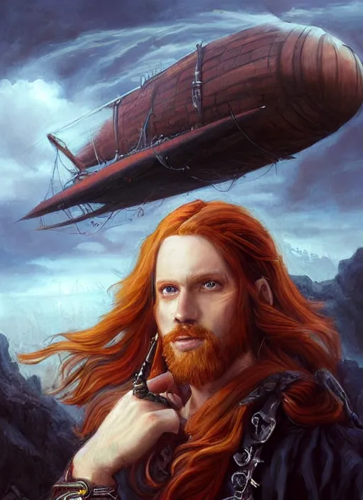 Image similar to epic fantasy portrait painting of a long haired, red headed male sky - pirate in front of an airship in the style of eve ventrue