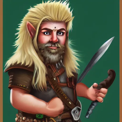 Image similar to portrait of a gnome barbarian with blonde hair and green eyes, digital art