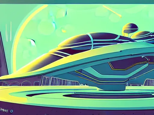 Image similar to a scifi illustration, hyper detailed external view of a starship docked at a planetary base. cinematic wide angle composition. flat colors, limited palette in FANTASTIC PLANET La planète sauvage animation by René Laloux