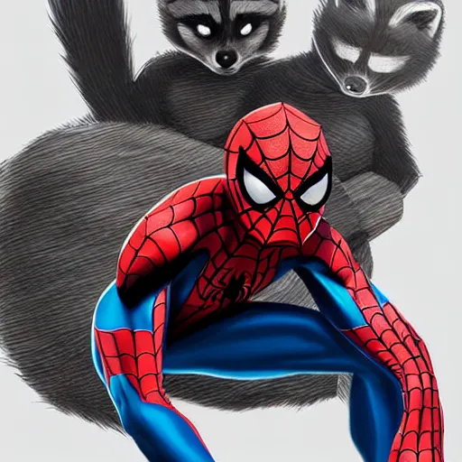 Image similar to spider - man sit on the raccoon and eating donuts, concept art, trending on artstation, highly detailed, intricate, sharp focus, digital art, 8 k