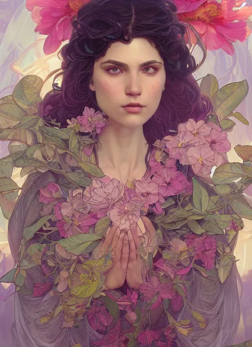 Image similar to Gardenia flowers, colorful, Grimes, psychedelic, intricate, elegant, highly detailed, digital painting, artstation, concept art, smooth, sharp focus, illustration, art by artgerm and greg rutkowski and alphonse mucha