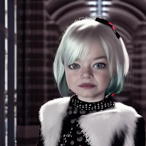 Image similar to toddler emma stone with black - and - white hair, like cruella haircut, in a room, cinematic, movie scene, vivid colors, detailed, 8 k