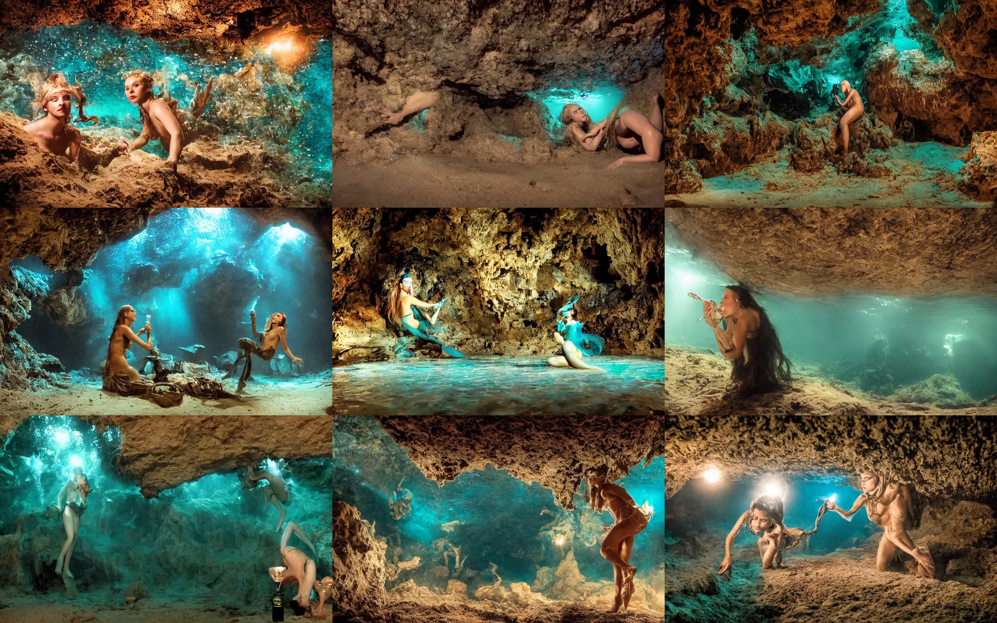 Prompt: movie still zoom in of cave diving mermaid drinking,!!! old west saloon in the sand!!!, rack focus, close establishing shot, gloomy, underwater, dark teal lighting, soft dramatic lighting, digital camera