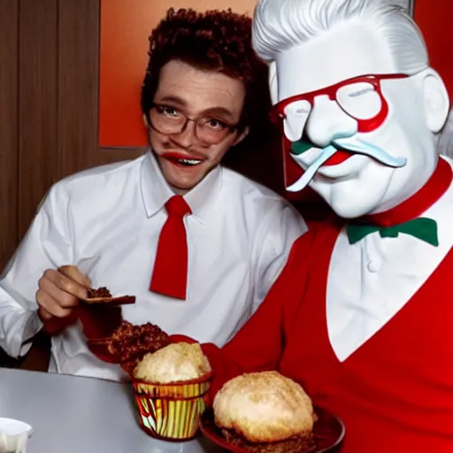 Prompt: Ronald McDonalds eating in a KFC with the Colonel