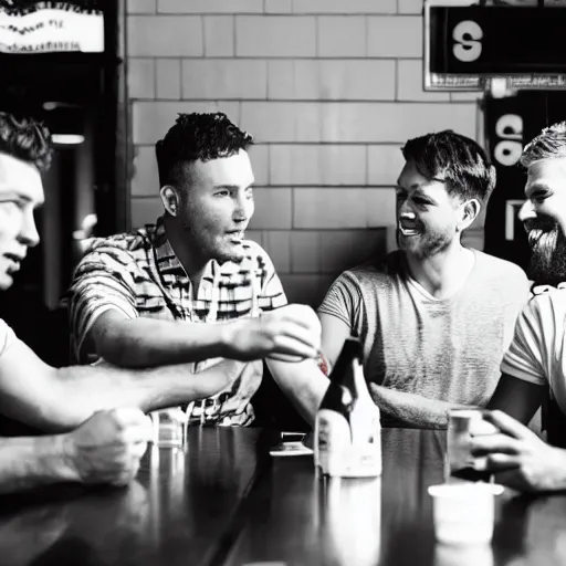 Image similar to a high quality image of five men drinking beer and talking intelligently in pub, detailed photograph, black and white photography, street photography