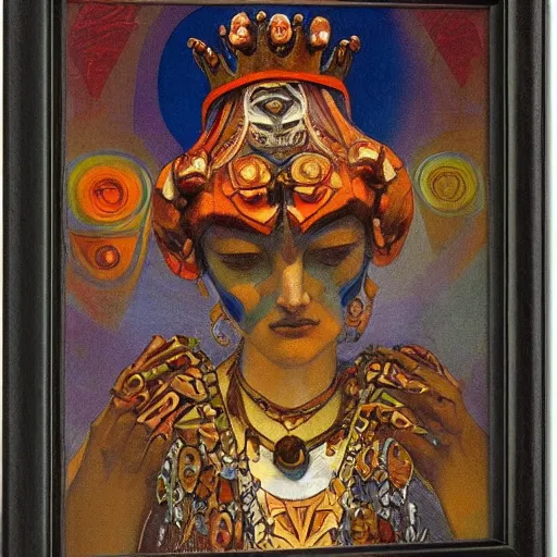 Prompt: the bone crown, by Annie Swynnerton and Nicholas Roerich and Diego Rivera, dark skin, elaborate costume, iridescent beetles, geometric ornament, rich color, dramatic cinematic lighting, smooth, sharp focus, extremely detailed