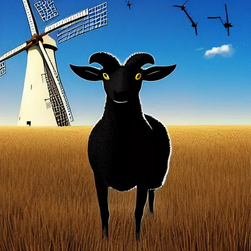 Image similar to a black - headed sheep in a wheat field in front of a windmill photoshop filter cutout vector, behance hd by jesper ejsing, by rhads, makoto shinkai and lois van baarle, ilya kuvshinov, rossdraws global illumination