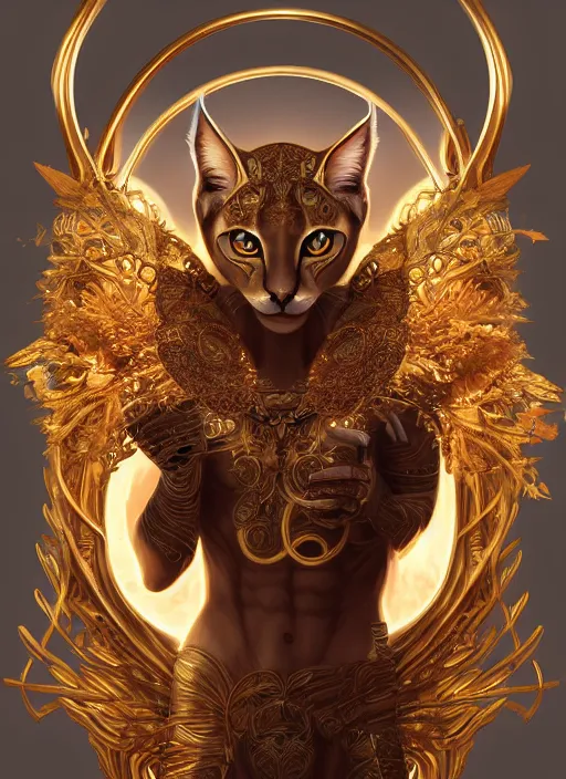 Image similar to cute caracal as apollo ancient god, golden wreath, details, fantasy, cyberpunk city, intricate, decadent, highly detailed, octane render, digital painting, artstation, concept art, sharp focus, illustration, art by artgerm, loish, wlop