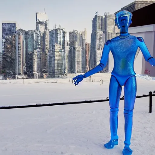 Image similar to made of ice, a realistic detailed photo of a guy who is an attractive humanoid who is half robot and half humanoid, who is a male android, on display, blank stare, showing off his muscles, shiny skin, posing like a statue, by the pool, frozen ice statue, f 1 driver max verstappen, humanoid robot