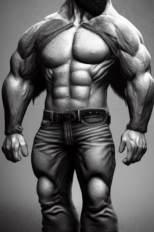 Image similar to a very muscular man with big beard wearing jeans, seductive pose, hyperrealistic, concept art, octane render, unreal engine 5, trending on artstation, high quality, highly detailed, stylish, elegant, path traced, black and white, realistic and detailed face, anatomically correct, five fingers, cinematic, high coherence, dramatic lighting, 8 k