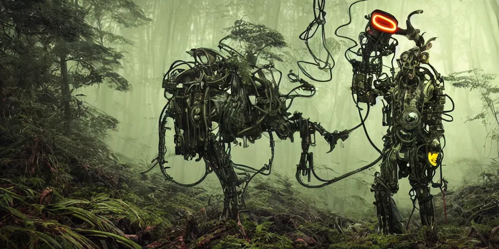 Image similar to 3 d scene of forest hunting for monster. gamekeeper wearing a steampunk and neonpunk mechanical fluorescent mystical animal mask and exoskeleton. bio luminescent, plasma, ice, water, wind, creature, artwork by tooth wu and wlop and beeple and greg rutkowski, ambient occlusion, award winning photograph, epic cinematic shot