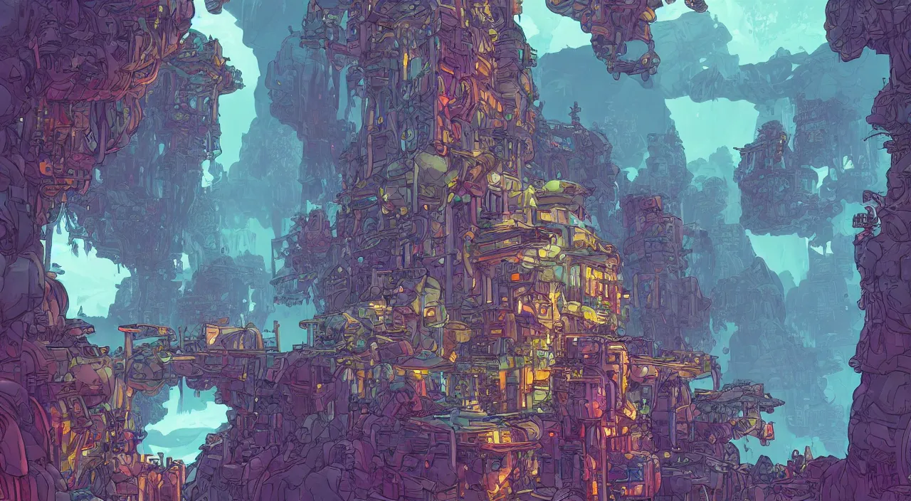 Image similar to open door wood wall fortress airship greeble block amazon jungle on portal unknow world ambiant fornite colorful that looks like it is from borderlands and by feng zhu and loish and laurie greasley, victo ngai, andreas rocha, john harris