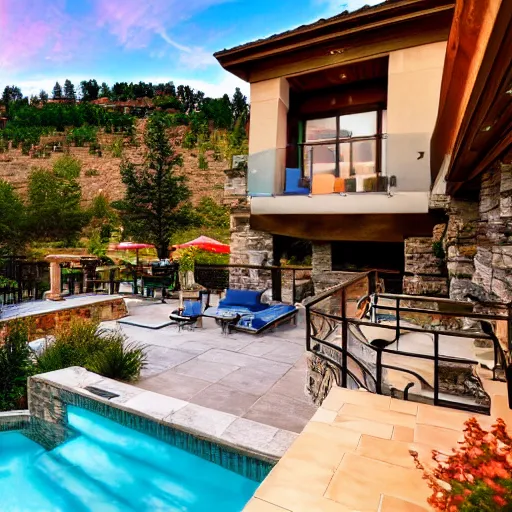 Prompt: patio with beautiful multi - level pool overlooking mountains at sunset