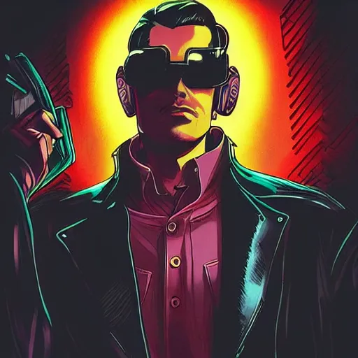 Image similar to a cyberpunk young mafia boss with slicked back hair, in a cyberpunk setting, comic book art, cyberpunk, art by stan lee, pen drawing, inked, colorful, bright high tech lights, dark, moody, dramatic, deep shadows, marvel comics, dc comics