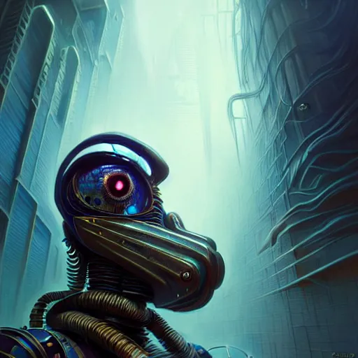 Image similar to low angle shot of a cyberpunk gazmask robot character, intricate, elegant, highly detailed, centered, digital painting, artstation, concept art, front shot, smooth, sharp focus, illustration, artgerm, Tomasz Alen Kopera, Peter Mohrbacher, donato giancola, Joseph Christian Leyendecker, WLOP, Boris Vallejo