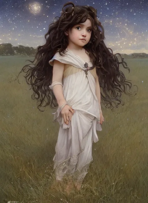 Prompt: A cute little girl with shoulder length curly brown hair. She is standing in a field at night looking up and the sky is filled with constellations. beautiful fantasy art by By Artgerm and Greg Rutkowski and Alphonse Mucha, trending on artstation.
