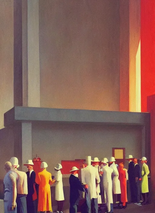 Prompt: crowd in line at art deco hospital painting by Edward Hopper and James Gilleard, Zdzislaw Beksinski highly detailed