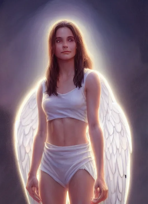 Image similar to cute young courtney cox as a heavenly angel, anatomy, bathed in light, highly detailed, photorealistic, artstation, smooth, sharp focus, illustration, unreal engine 5, 8 k, art by artgerm and greg rutkowski and edgar maxence