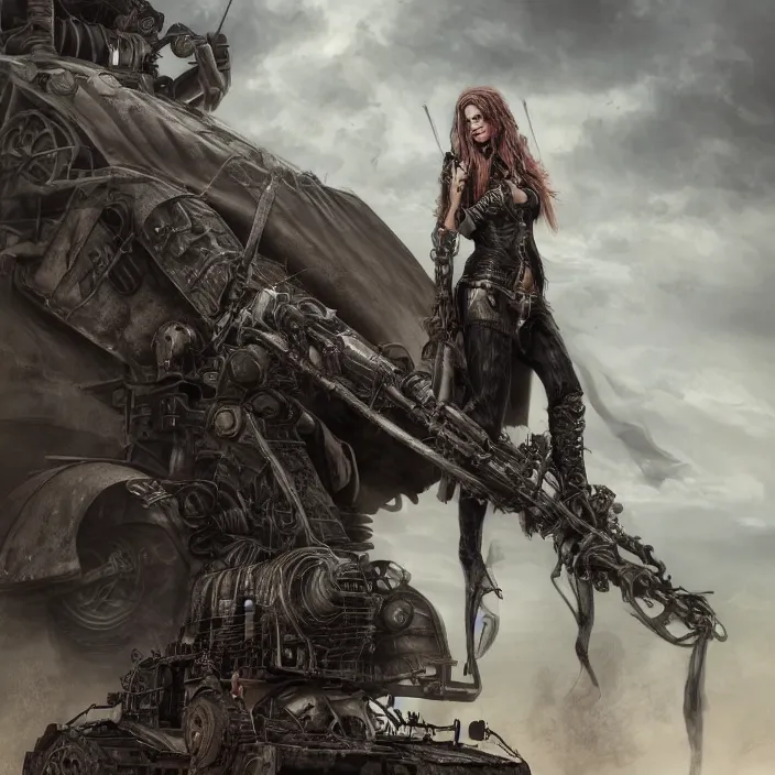 Image similar to beautiful apocalyptic woman in hooded cloak, standing on mad max panzer tank, hyper-detailed, smooth, sharp focus, 4k ultra hd, fantasy dark art, tank girl, artgerm, artstation, octane render, elegant, detailed digital painting, apocalyptic art