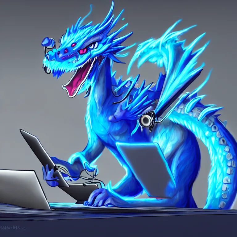 Image similar to an anthropomorphic male blue dragon wearing headphones making music on his laptop, deviantart, furry art, highly detailed, 8k